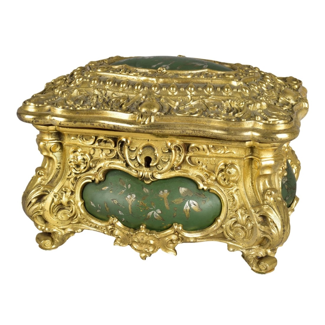 19th C. Napoleon III Bronze Jewelry Box: 19th Century Napoleon III Ornate Gilt Bronze Jewelry Box with Lacquered Painted Vignettes. Suede lined interior. Measures 5-1/2" H x 8" W x 6-1/4" D. Kodner Galleries offers phone and absentee bidding