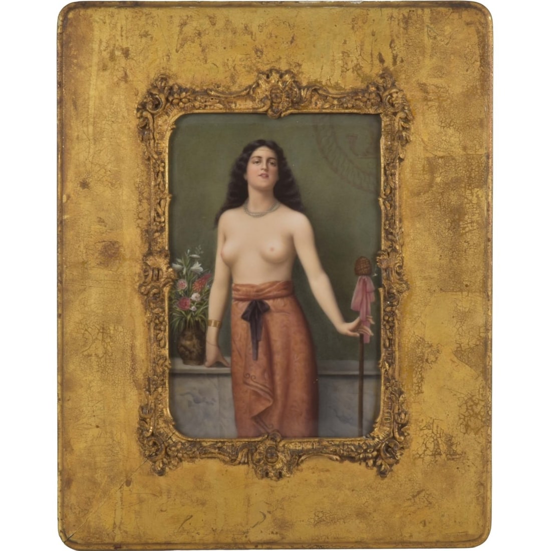 19th Century German KPM Porcelain Plaque: 19th Century Hand-painted German KPM Porcelain Plaque of a Young Bacchante Holding a Thyrus Staff Set within an Ornate Gilt Frame. Back properly impressed KPM with the scepter mark. After the