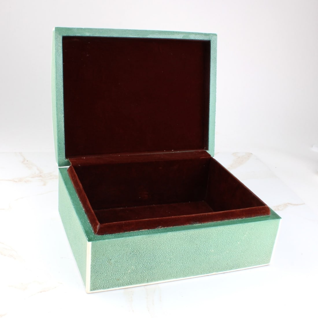 Shagreen Covered Desk Box: Shagreen Covered Desk Box with Wood Lined Interior having a Brown Velvet Cover over the Wood and Bone Trim. 20th century. Measures: 4-1/4" high, 9" wide, 7" deep. Kodner Galleries offers phone and