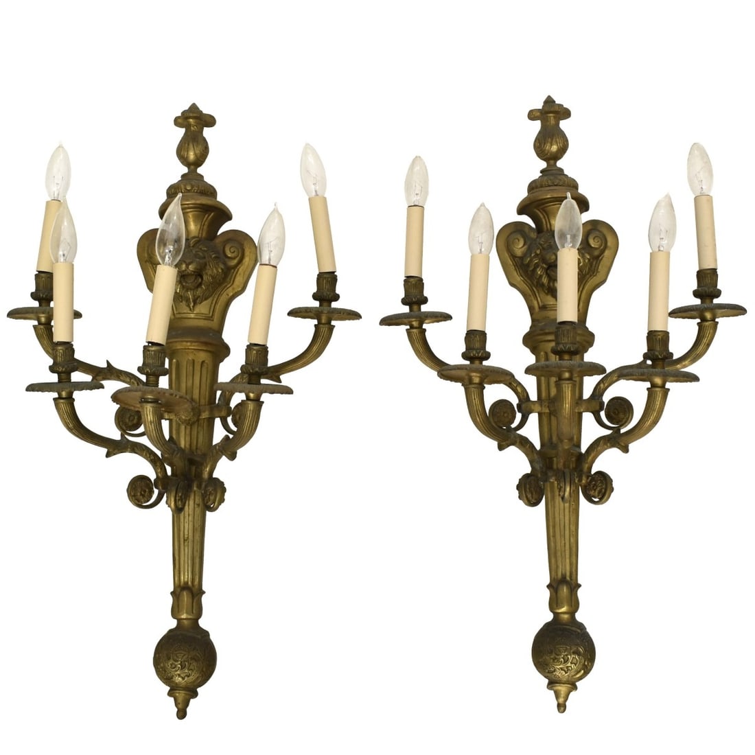 Neo-classical Style Sconces: Early 19th Century Neo-classical Style Gilt Bronze Three (3) Light Wall Sconces with Lion's Head Mask and Three (3) Scrolling Arms with Inset Flower Rosettes. Originally installed in the Romney Hotel-