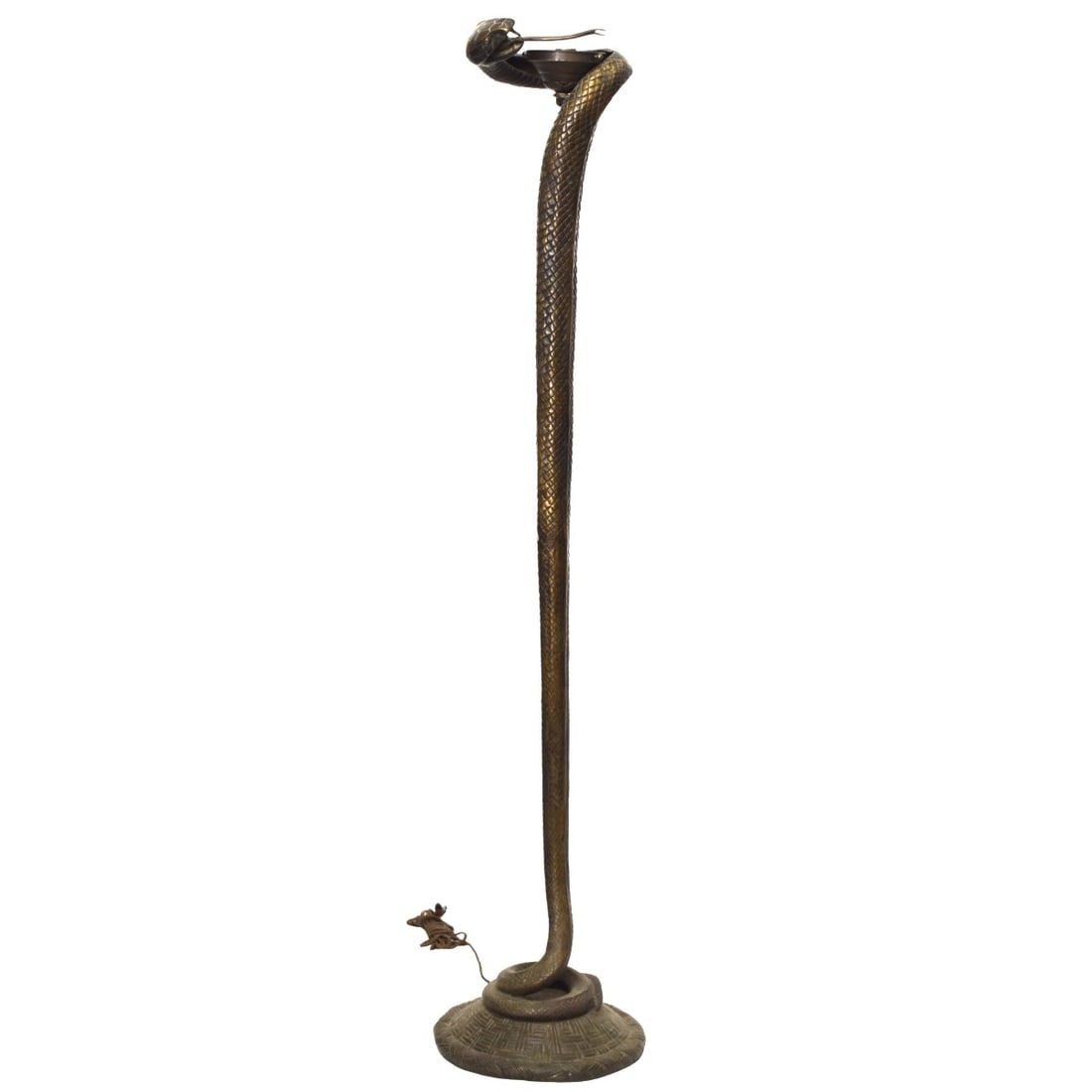 Edgar Brandt Style Bronze Snake Floor Lamp: Edgar Brandt Style Bronze Snake Floor Lamp. Circa 1980. Depicts a detailed snake coiled around the base with an open mouth, exposing its fangs and forked tongue, and arising from the lid of a woven