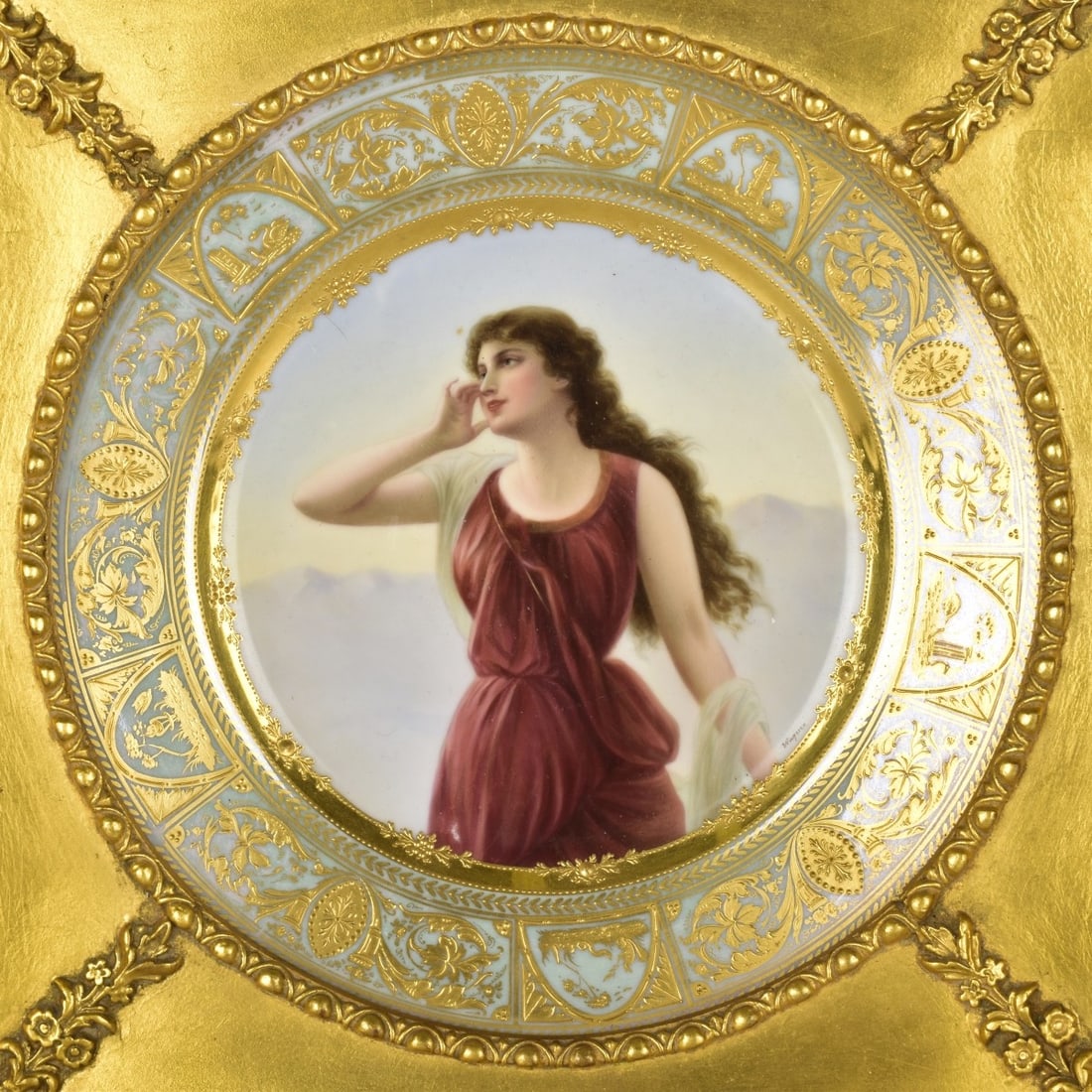 19/20th Century Royal Vienna Porcelan Plate: 19/20th Century Royal Vienna Hand Painted Porcelain Cabinet Plate "Echo", in a Gilt Wood Frame. Signed "Wagner" Marked on the back with the Royal Vienna beehive mark under glaze. Measures: 9-1/2" D.