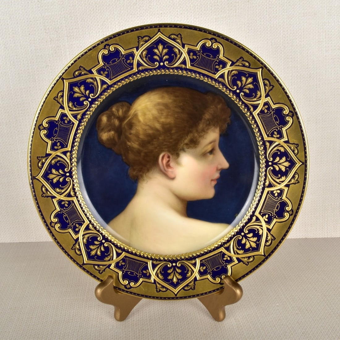 Royal Vienna Portrait Plate: Royal Vienna Portrait Plate "Blanche" Cobalt Blue and Gilt Hand Painted Portrait Plate. Signed Hemer. Marked on the back with the Royal Vienna beehive mark under glaze. Circa 19/20th century.