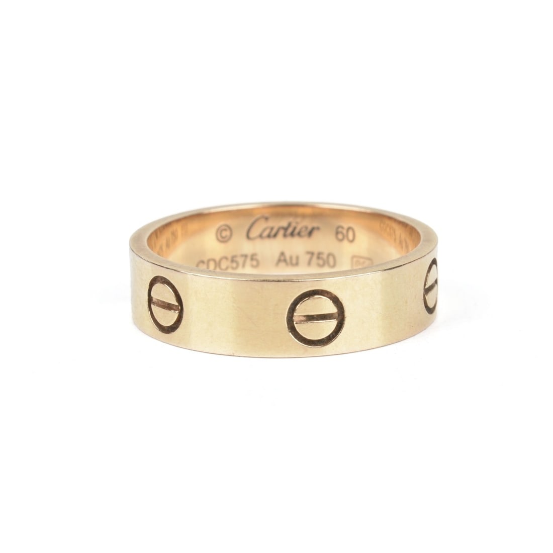 Cartier 18K Love Ring: Cartier 18 Karat Pink Gold Love Ring. Signed, stamped 750, numbered EAJ231, size 56 (7-1/2), 5.5mm W. Approx. weight: 6.25 grams. Accompanied with Cartier box. Kodner Galleries offers phone and absent