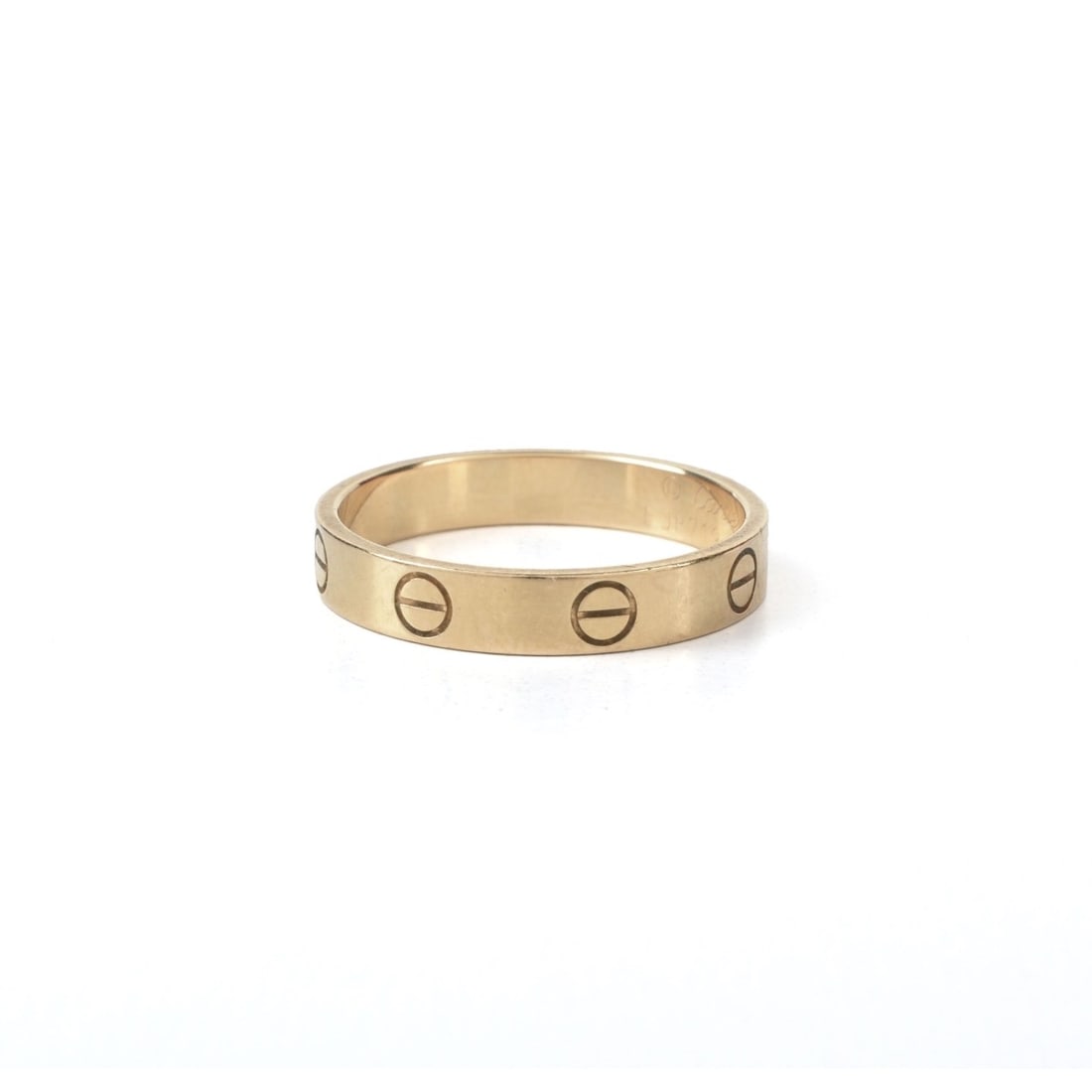 Cartier 18K Love Ring: Cartier 18 Karat Pink Gold Love Ring. Signed, stamped 750, numbered EDH325, size 60 (9), 3.5mm W. Approx. weight: 3.71 grams. Accompanied with Cartier box. Kodner Galleries offers phone and absentee