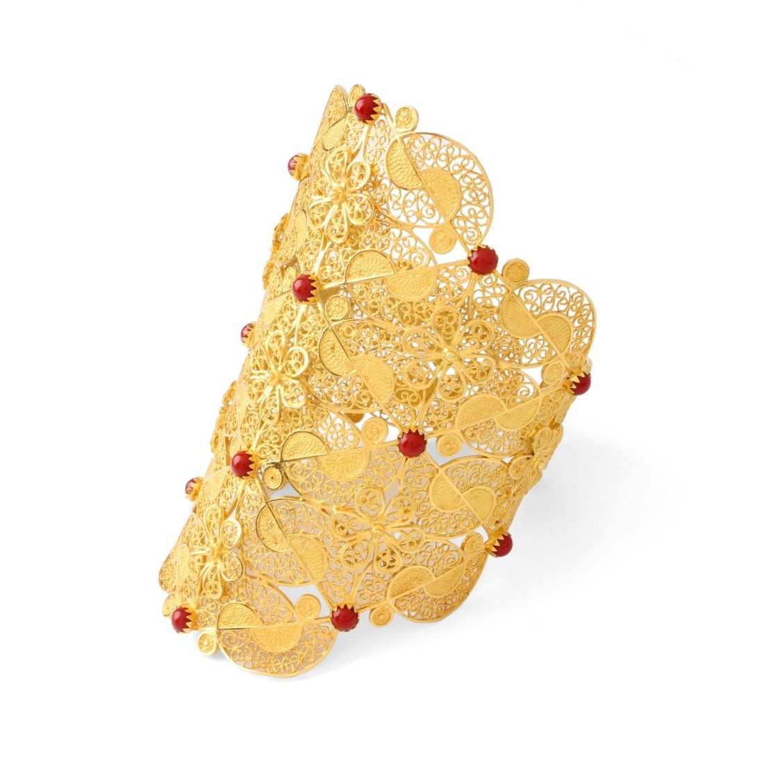 18K and Red Coral Cuff Bracelet: Very Fine Filigree 18 Karat Yellow Gold Wide Cuff Bangle Bracelet Set with Cabochon Red Coral. Open lace work design with scrolls and flowers. Measures 4-1/4" W; 6-3/4" interior circumference.