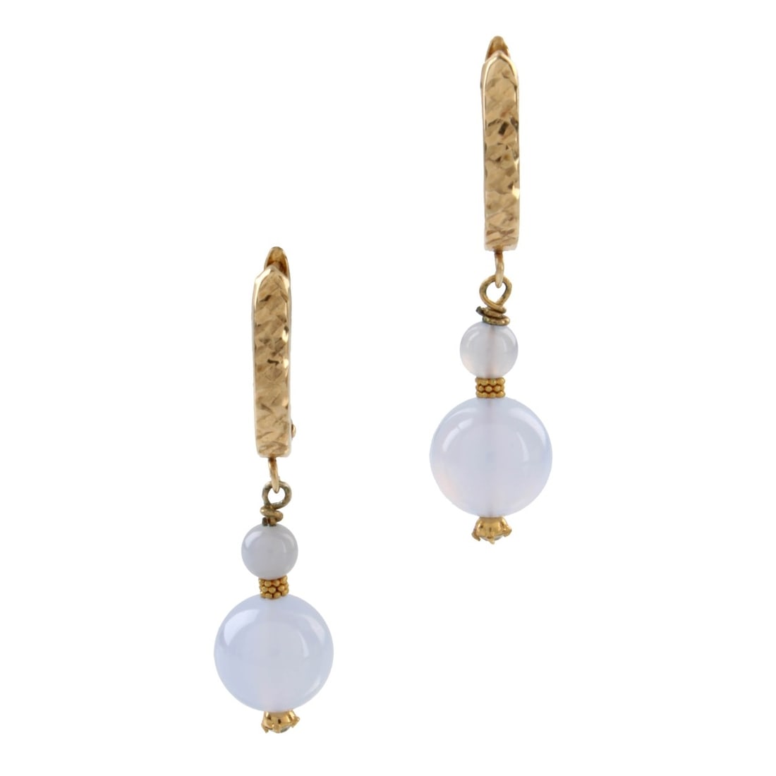 Jade and 14K Earrings: Vintage Lavender Jade Beads and 14 Karat Yellow Gold Pendant Earrings. Measure 1-1/2" L. Approx. total weight: 3.69 grams. Kodner Galleries offers phone and absentee bidding at a low, flat 21% buyer��