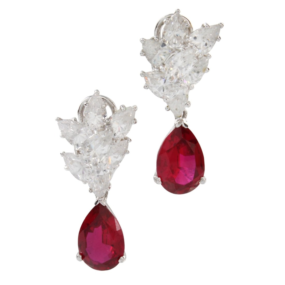 Harry Winston Design Fashion Earrings: Vintage Harry Winston Design Sterling Silver (tested) Fashion Earrings Set Set with Two Pear Shape Faux Ruby and Pear Shape Cubic Zirconia. Measure 1-1/2" L, 3/4 W. Approx. weight: 17.90 grams. Kodner