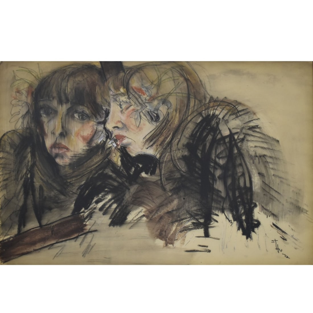 Modern Watercolor of Women: Modern Watercolor of Two (2) Women Looking to One Another. Framed under Plexiglass. Artist signed and dated "72" bottom right-hand corner. Image area measures: 23" High, 32" Wide, frame measures: 32" 