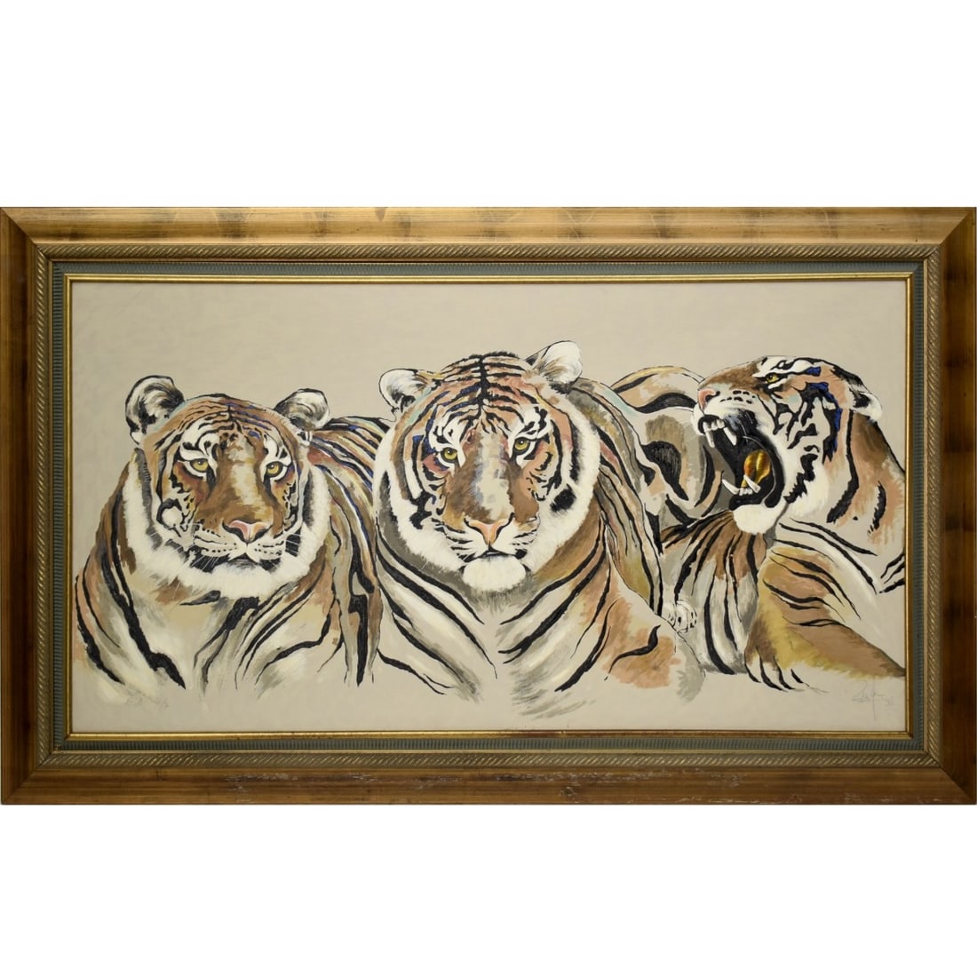 Rolf Knie, Swiss (1949-1997): "Three Bengal Tigers" Color Screen Printing on Canvas. Framed. Signed and numbered "EA 4/7" and dated "98". Image area measures: 29" high, 54-1/2" wide, frame measures: 39" high, 64-1/2 wide. Kodner G
