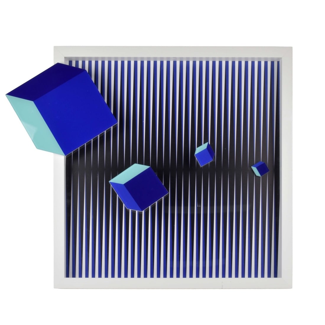 Hugo Diaz, Venezuelan (b. 1965): Hugo Diaz, Venezuelan (b. 1965) "Blue Cubes in Space Kinetic V" Geometric 3-D Mixed Media on Plexiglass. Artist signed, titled and dated "2017" to the back. Overall with frame measures: 26" high, 26" 