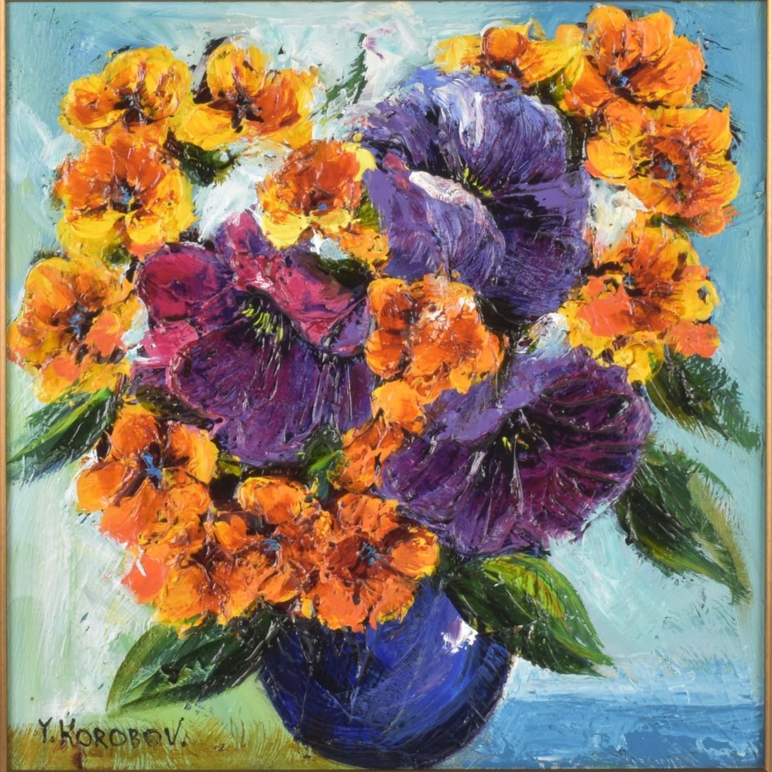 Yana Korobov, Ukrainian, (b.1972): Yana Korobov, Ukrainian, (b.1972) "Delightful Dream" Acrylic on Canvas of Flowers in a Blue Pot. Signed bottom left hand corner. Image area measures: 16" high, 16" wide, frame measures: 24-1/2" high, 