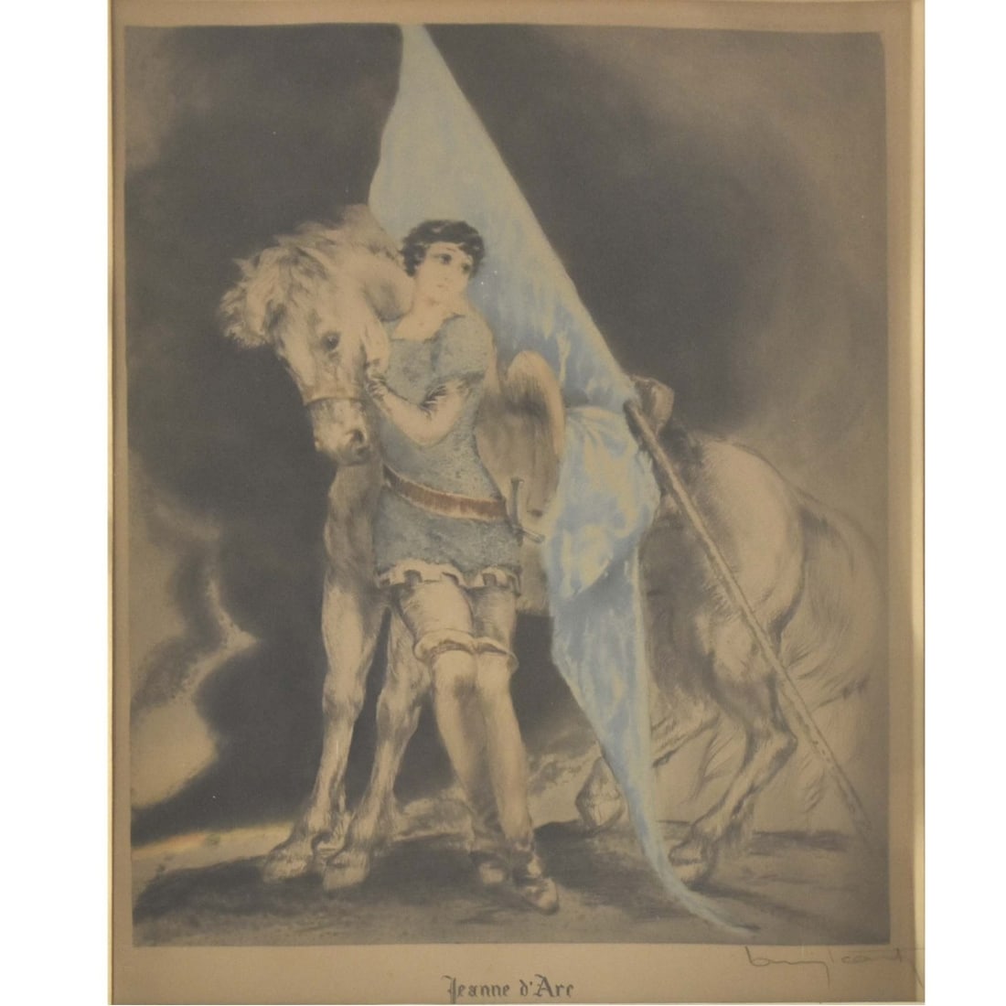 Louis Icart, French (1888–1950): Louis Icart, French (1888–1950), 1929 Etching in Color, "Jeanne d' Arc". Pencil signed lower right, numbered 12/24 lower left. Measures 19" H, 14-1/2" W; frame measures 28-3/8" H, 23-1/2" W. Kodner 