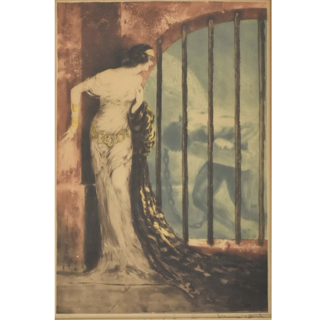 Louis Icart, French (1888–1950): Louis Icart, French (1888–1950), 1929 Etching in Color, "Dalila". Pencil signed lower right, illegible notation lower left. Measures 20-3/8" H, 13-1/2" W; frame measures 29-1/2" H, 21-1/2" W. Kodner