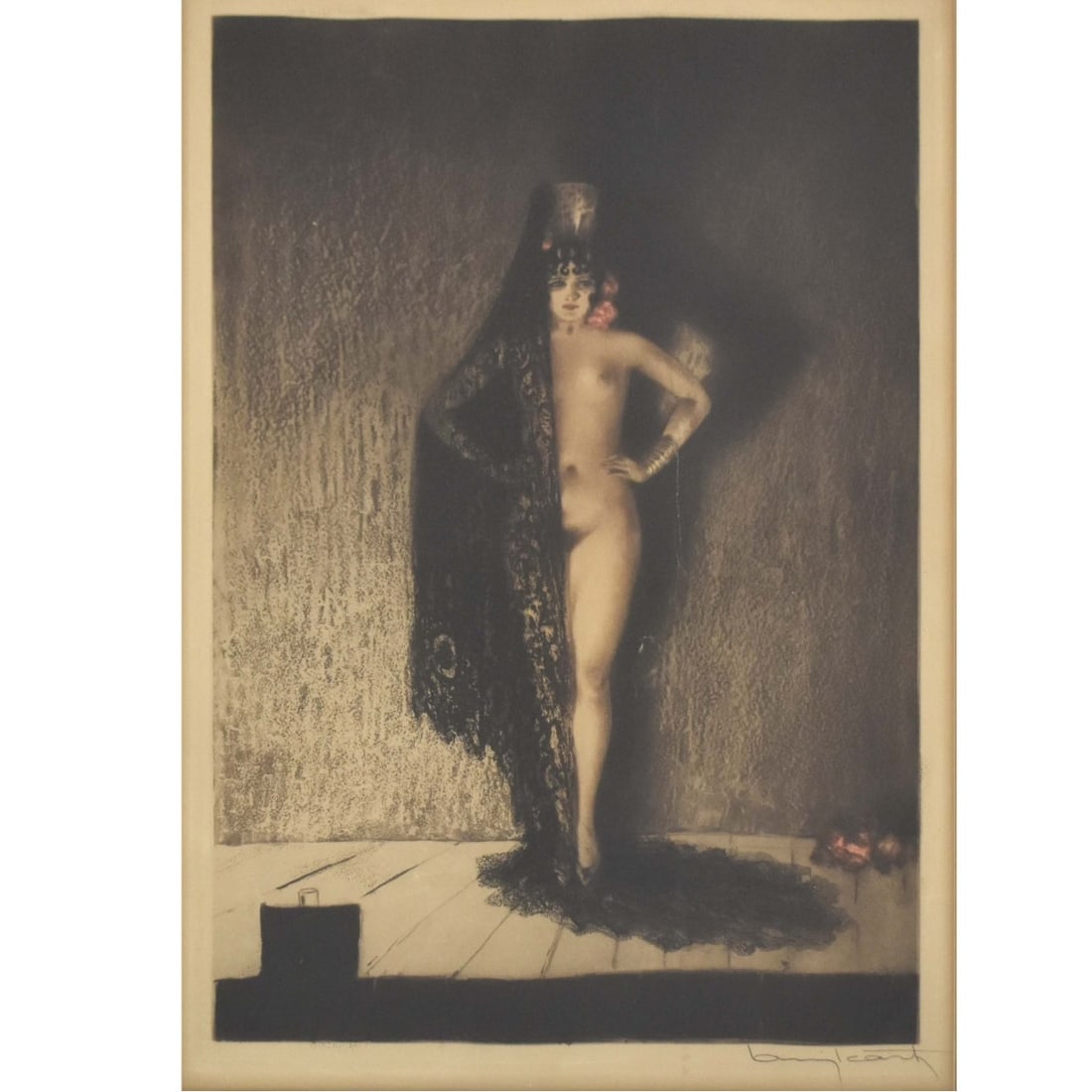Louis Icart, French (1888–1950): Louis Icart, French (1888–1950), 1929 Etching in Color, "Conchita". Pencil signed lower right. Measures 20-1/8" H, 13-1/4" W; frame measures 31-1/2" H, 24" W. Kodner Galleries offers phone and absen