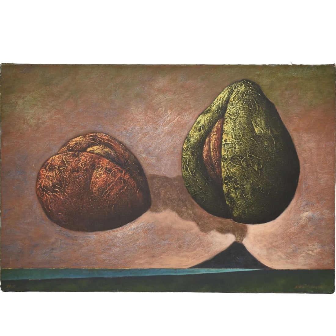 Mario Rene Madrigal Arcia, CR (b. 1957): Mario Rene Madrigal Arcia, Costa Rican (b. 1957) "Levitating Fruits and Volcano" Acrylic Still Life on Canvas Painting. Unframed. Signed, titled and dated on verso. Measures: 26" high, 37-1/2" wide. K