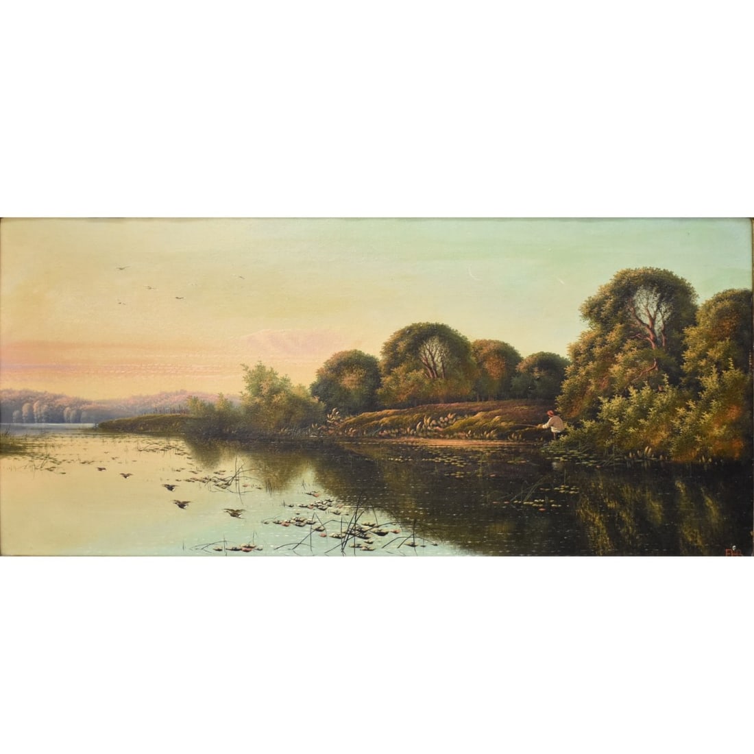 Edwin Henry Boddington Jr., Br. (1836-1905): Edwin Henry Boddington Jr., British (1836-1905) Oil on Canvas Landscape. Initialed "EHB" bottom right-hand corner. Image area measures: 11" high, 23" wide, frame measures: 17" high, 29" wide. Kodner G