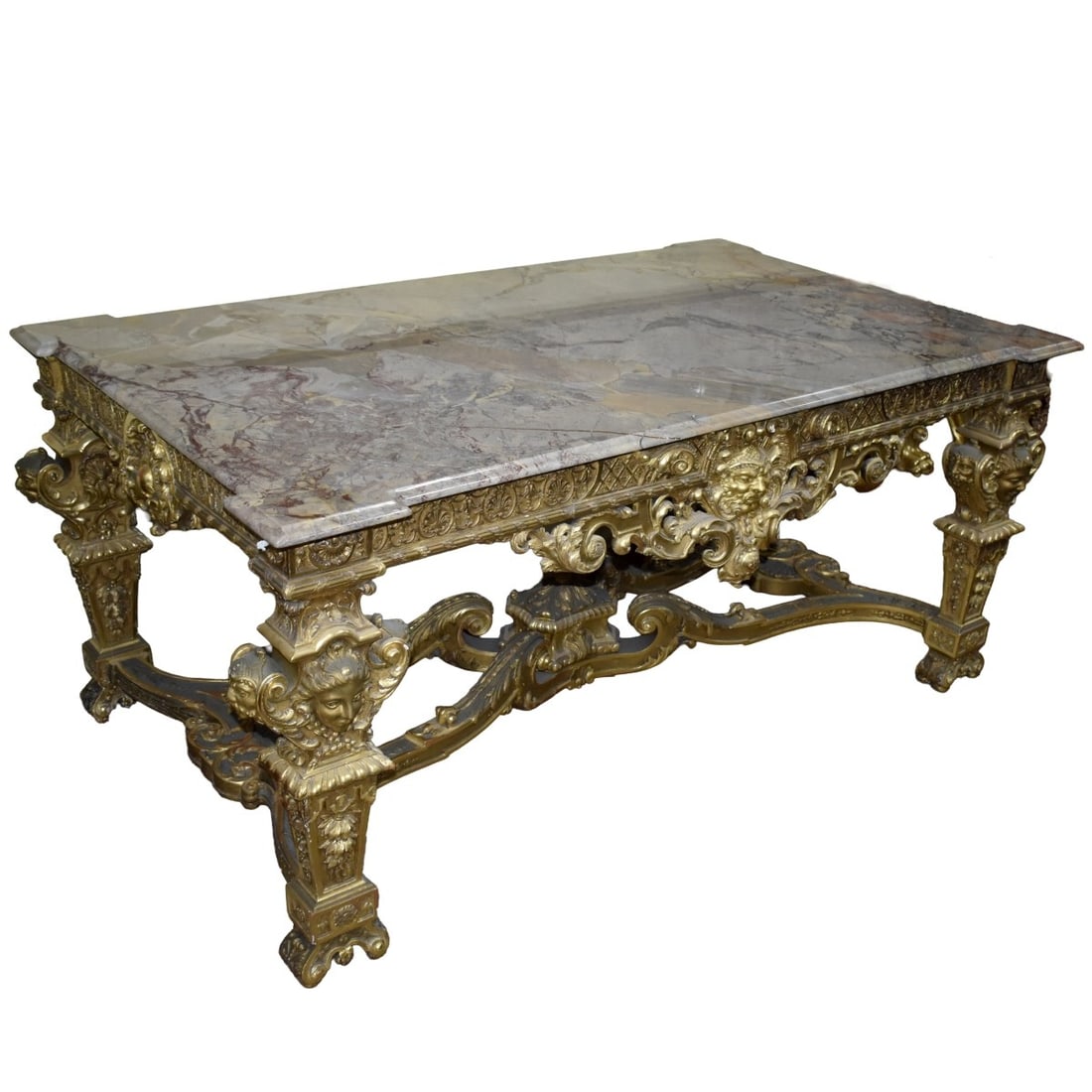 Antique Gilt Wood and Marble Table: Antique Finely Carved Salon Gilt Wood Rectangular Table with a Newer Marbled Top. Measures: 30" high, 65" wide, 39" deep. Kodner Galleries offers phone and absentee bidding at a low, flat 21% buyer’