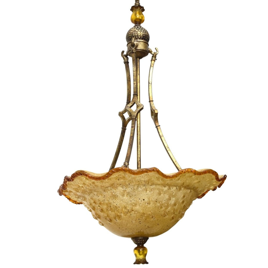 1960's Italian Art Glass Glass Chandelier: 1960's Italian Hand Blown Amber Glass Pendant Chandelier with Brass/Bronze and Copper Finished Mounts. Overall length: 38" high, glass measures: 9-1/2" high, 19" wide, 19" deep. Kodner Galleries offer