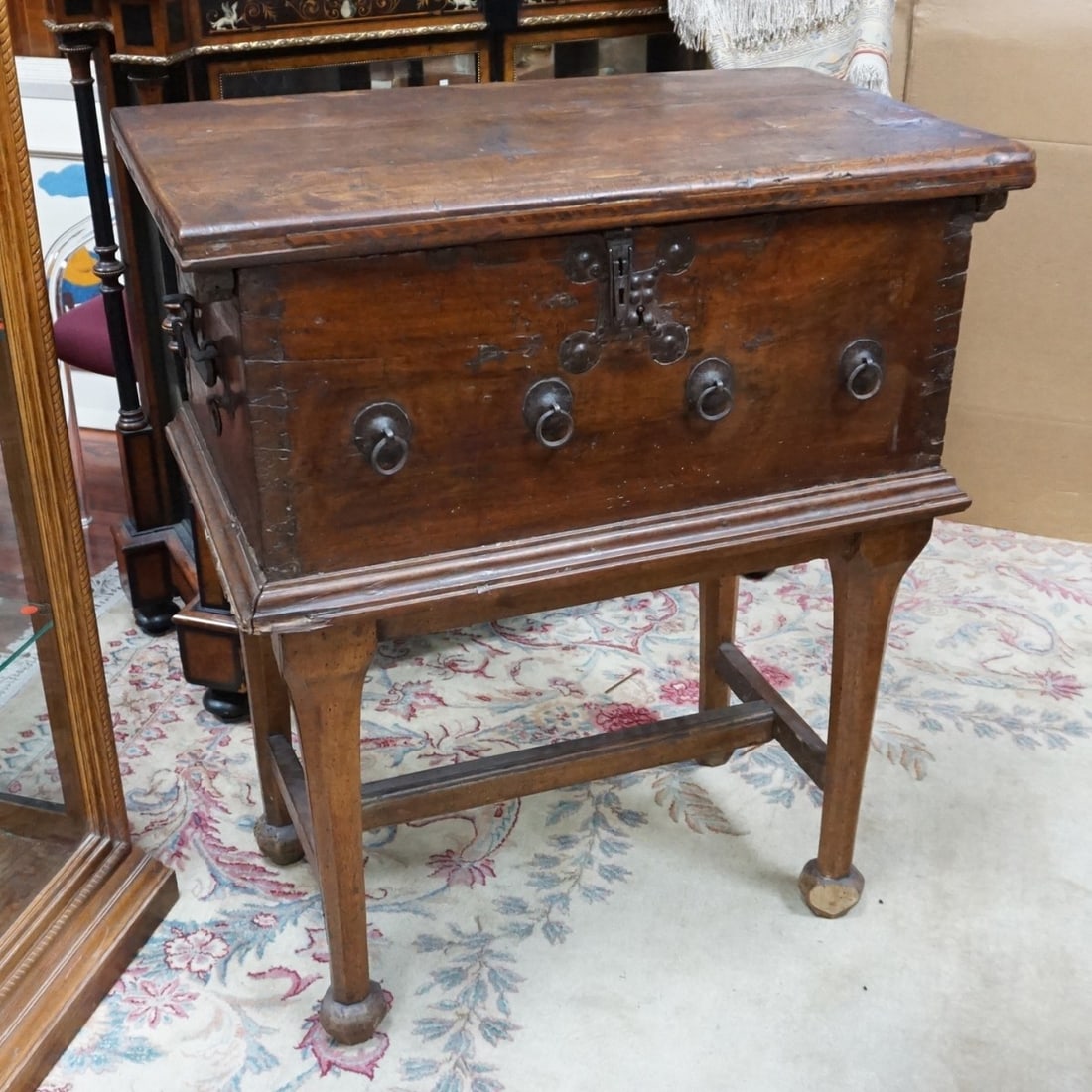 17th Cent Chest on Stand: 17th Century Continental Inlaid Walnut Chest on Stand with Hand Wrought Iron Mounts. Interior has a marquetry inlaid fitted interior. Measures 40-3/8" H x 34" W x 19-5/8" D. Kodner Galleries offers