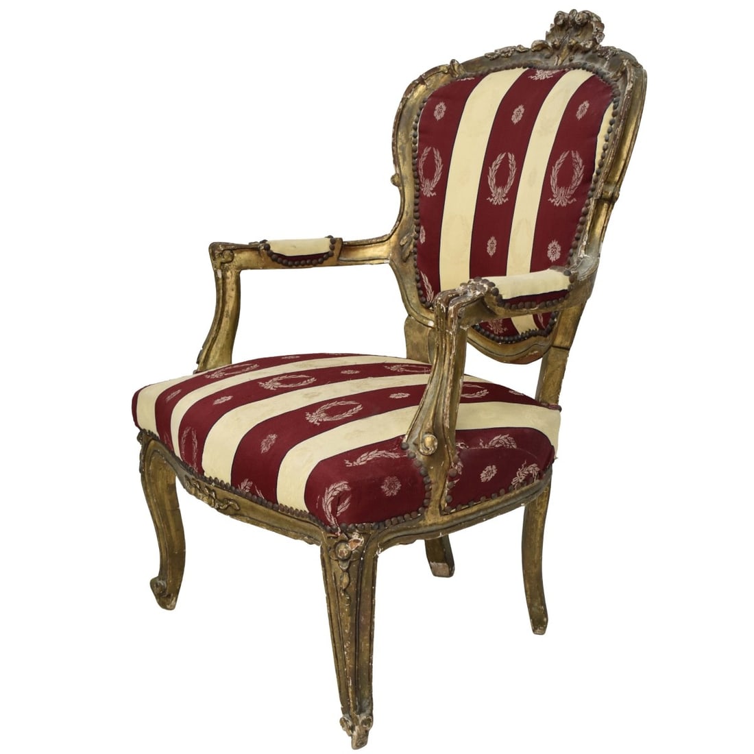 19th Century French Arm Chair: 19th Century French Gold Gilt Wood Arm Chair with Red Silk Fabric Decorated with Wreath Decoration. Measures: 39" high, 27-1/2" wide, 23" deep, seat measures: 17" high. Kodner Galleries offers phone