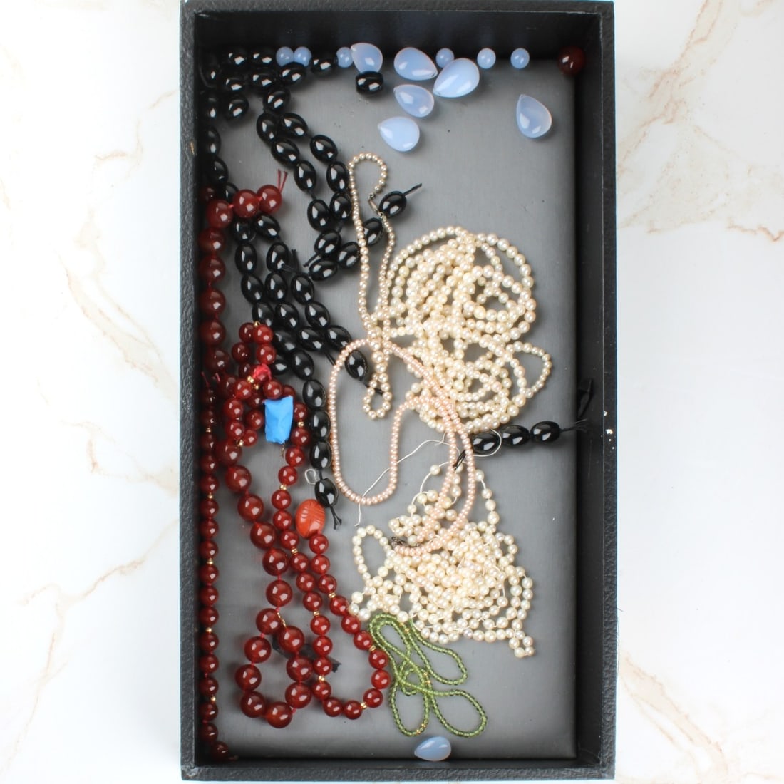 Pearls and Hardstone Beads: Vintage Single Strand 4MM Pink Pearl Necklace, Single Strand 3-6mm White Pearl Necklace, Five Strands of 5-6mm Pears (no clasps) and Single Strand Peridot Beads (no clasp) and Assorted Hardstone Beads