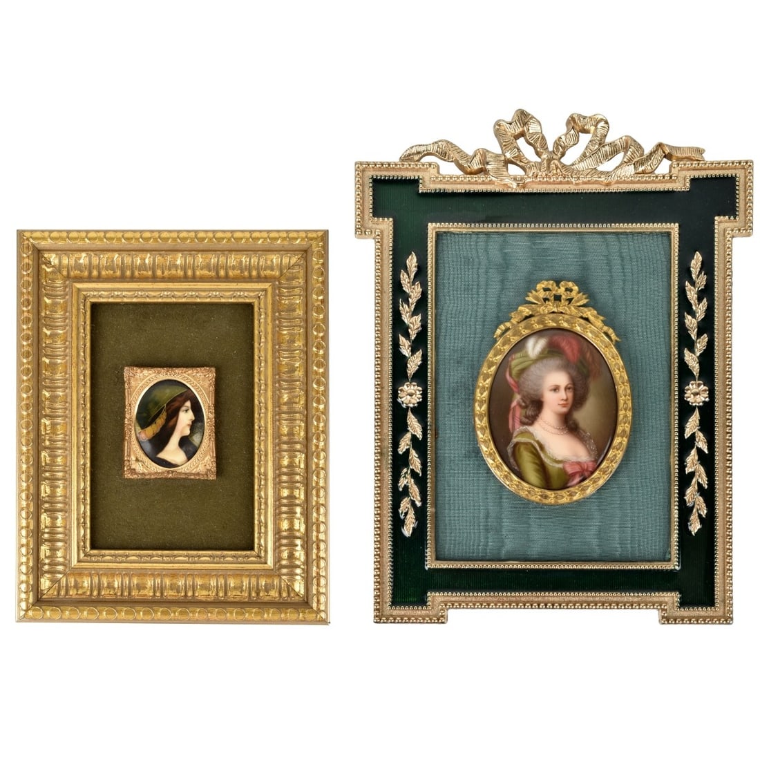 Miniature Painted Portraits: Two (2) Late 19th Century Miniature Hand Painted Framed Portraits. (1) Marie Antoinette hand painted porcelain plaque framed within a gold gilt ornate oval frame with garland and ribbon decorations an