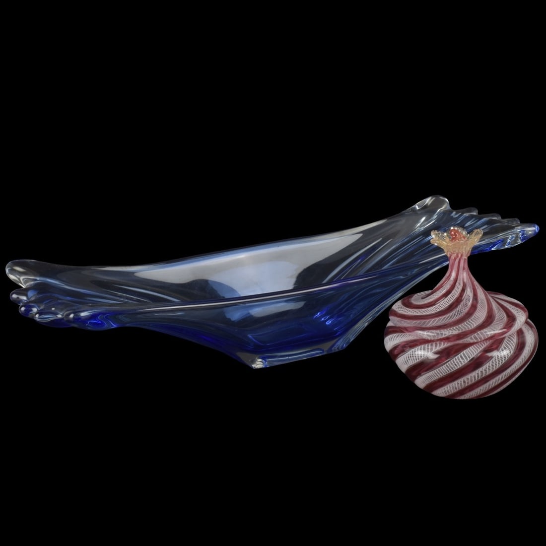 Vintage Murano Glass Pieces: Two (2) Pieces Vintage Murano Glass. Consisting of one (1) lattice work red and white ribbon dresser box with a floral finial, measures: 4" high, 4" diameter, one (1) light blue rectangular ribbed