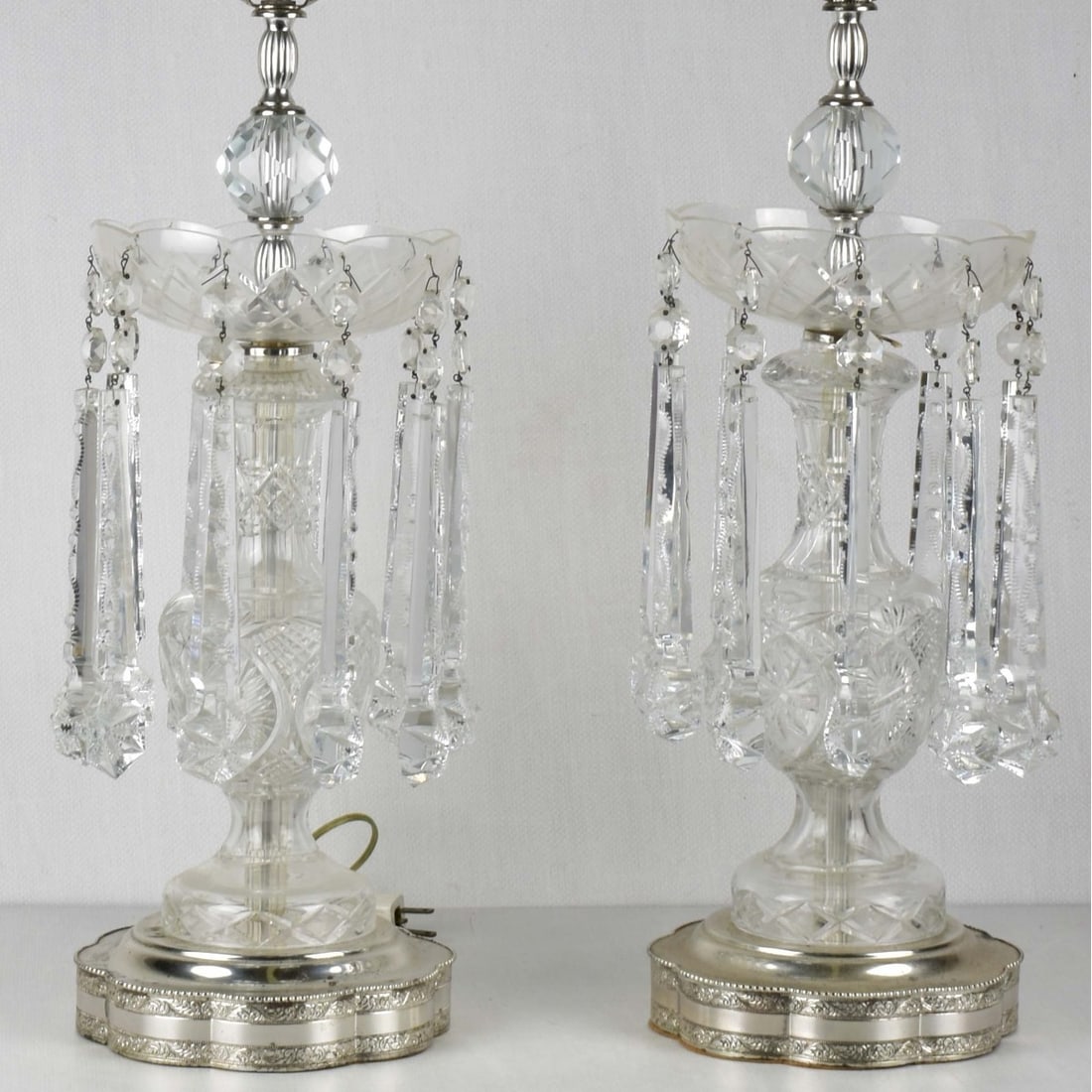 Pair of Vintage Glass Luster's: Pair of Vintage Glass Luster's with Cut Crystal Prisms. Glass portion measures: 18" high, 8" diameter, prisms measure: 10-1/4" long, overall height form bottom to top measures: 39-1/2" high, metal