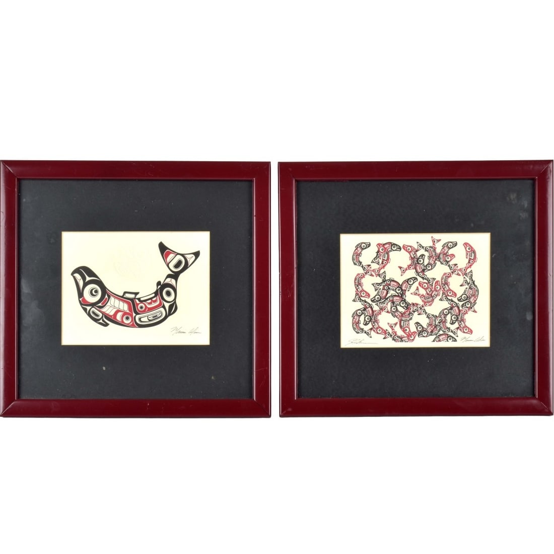 Framed Color Lithographs: Two (2) Framed Color Lithographs. One (1) Marvin Oliver & Joe Feddersen "Summer Run 1986" Embossed Lithograph. Framed. Signed in the plate. Viewing area measures: 4-3/8" high, 6" wide, frame measures: