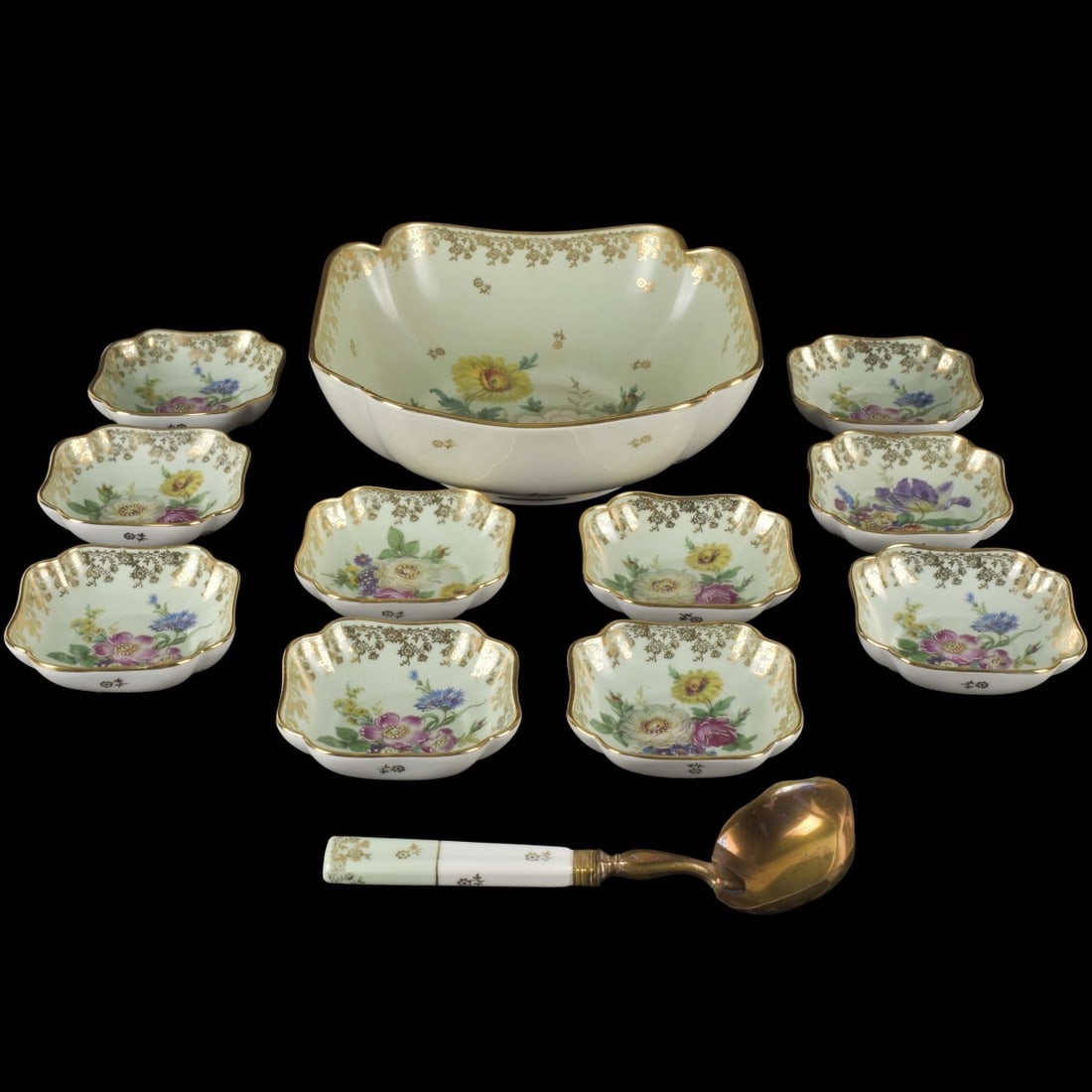 Limoges Porcelain Fruit Service: Twelve (12) Pieces Vintage Limoges France Rehausee Main Hand Painted Porcelain Fruit Service Pieces. Consisting of one (1) large bowl, measures: 3-3/2" high, 10" square, ten (10) small bowls,