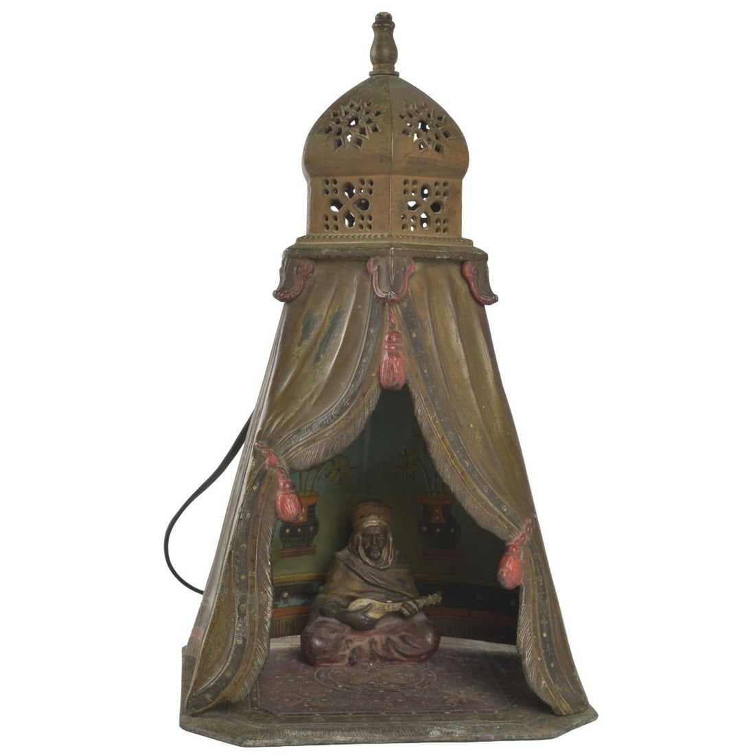 Attr. to Franz Xaver Bergmann, Austrian (1861-1936: Attributed to Franz Xaver Bergmann, Austrian (1861-1936) Cold-Painted Bronze Table Lamp. Modeled as an Arab man seated in a tent playing a string musical instrument. A work listed as "attributed to:"