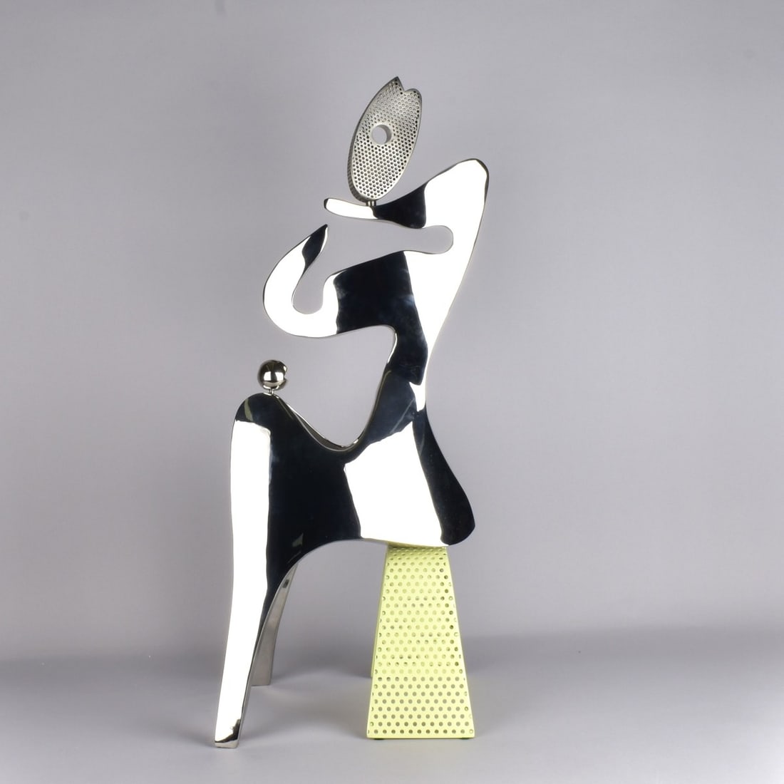 Modern Abstract Sculpture: Modern Abstract Chrome Sculpture on a Painted Metal Arch Fixed Stand. Artist signed, numbered 2/10 and dated March 2000. Measures 26" H,14" W, 5-1/2" D. Kodner Galleries offers phone and absentee bidd