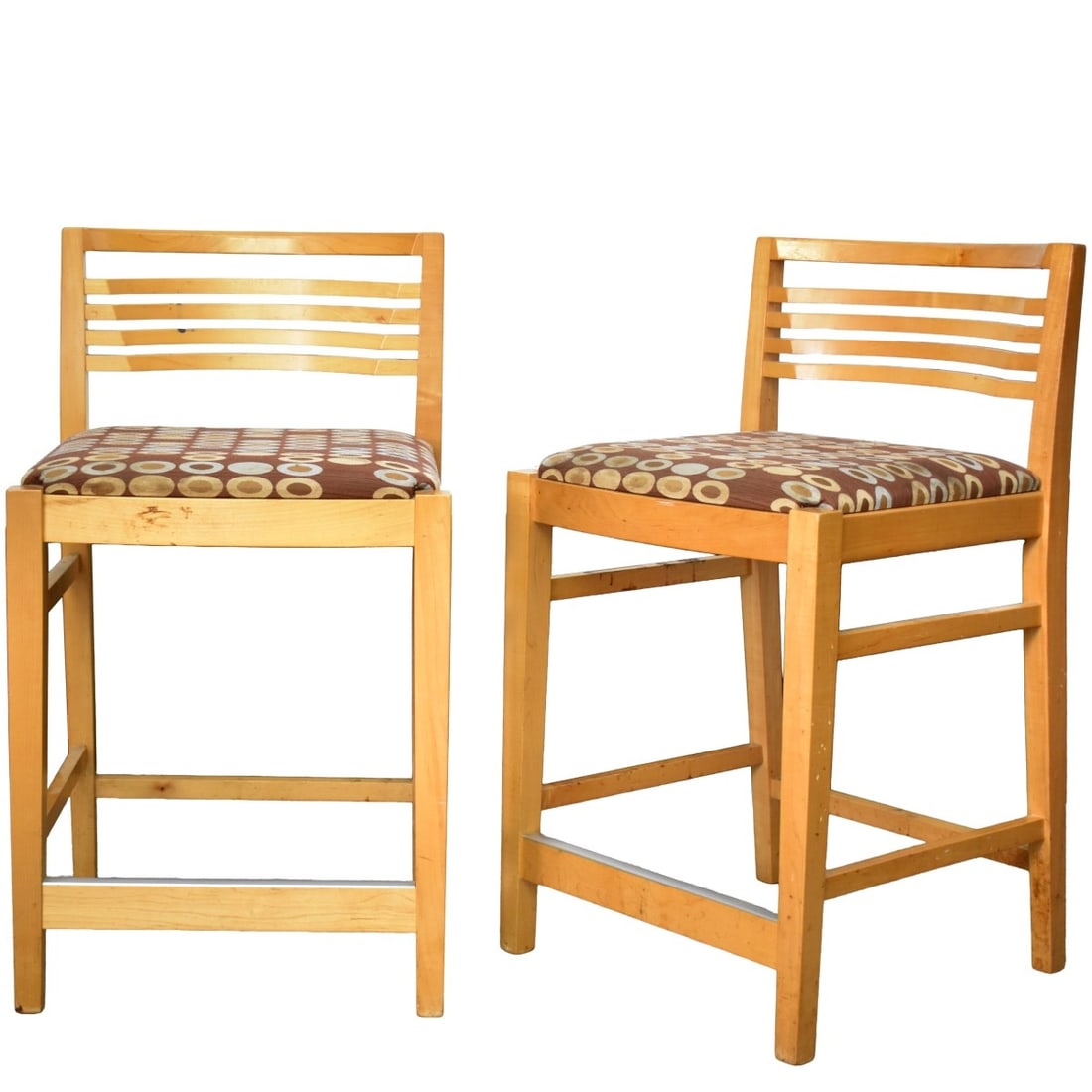 Knoll Studio 1990 Bar Stools: Two (2) Knoll Studio 1990 Bar Stools, each having a blonde wood frame above a patterned upholstered seat, and rising on tapered legs, 34" high, 19" wide, 16-1/2" deep, seat measures: 24" high. Knoll