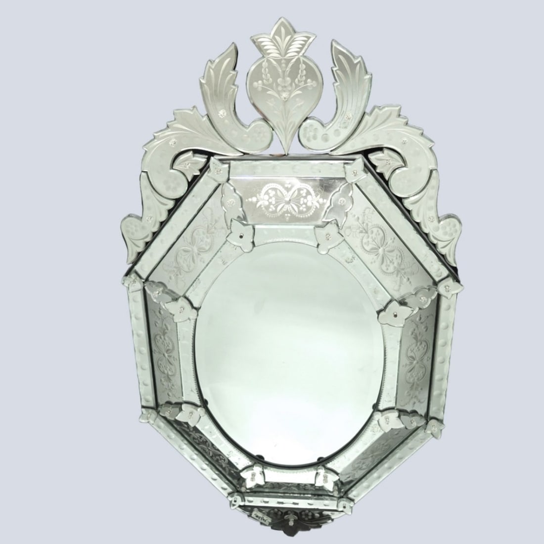 Vintage Etched Venetian Mirror: Vintage Etched Venetian Mirror. Measures: 48" high, 29" wide. Kodner Galleries offers phone and absentee bidding at a low, flat 21% buyer’s premium without surcharge or hidden fees. For