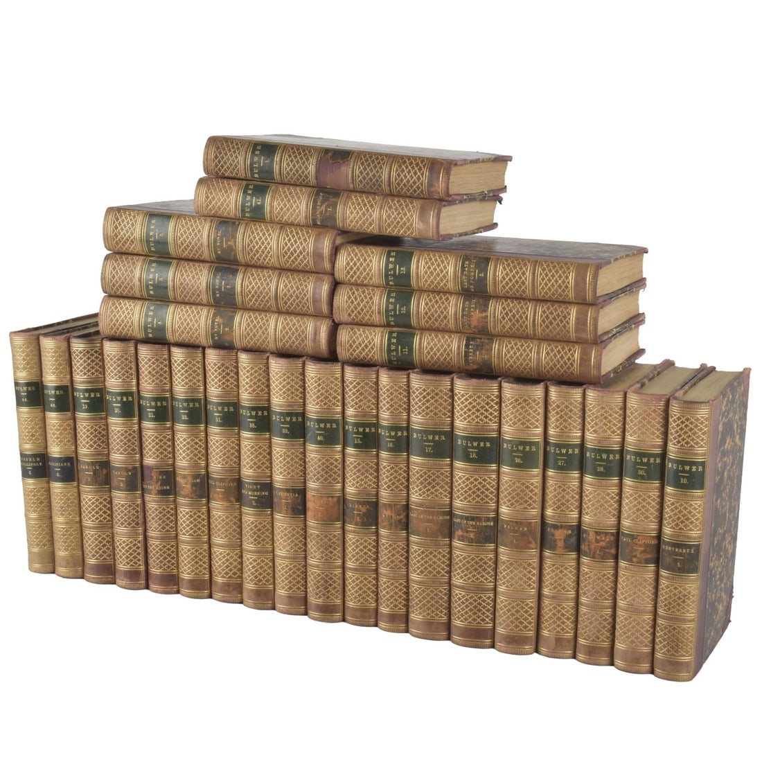 Sir Edward Bulwer Lytton Works: Sir Edward Bulwer Lytton Works Leather Bound Book. Incomplete set, total 27 volumes. Published by J. B. Lippincott & Co. 1867. Kodner Galleries offers phone and absentee bidding at a low, flat 21% buy