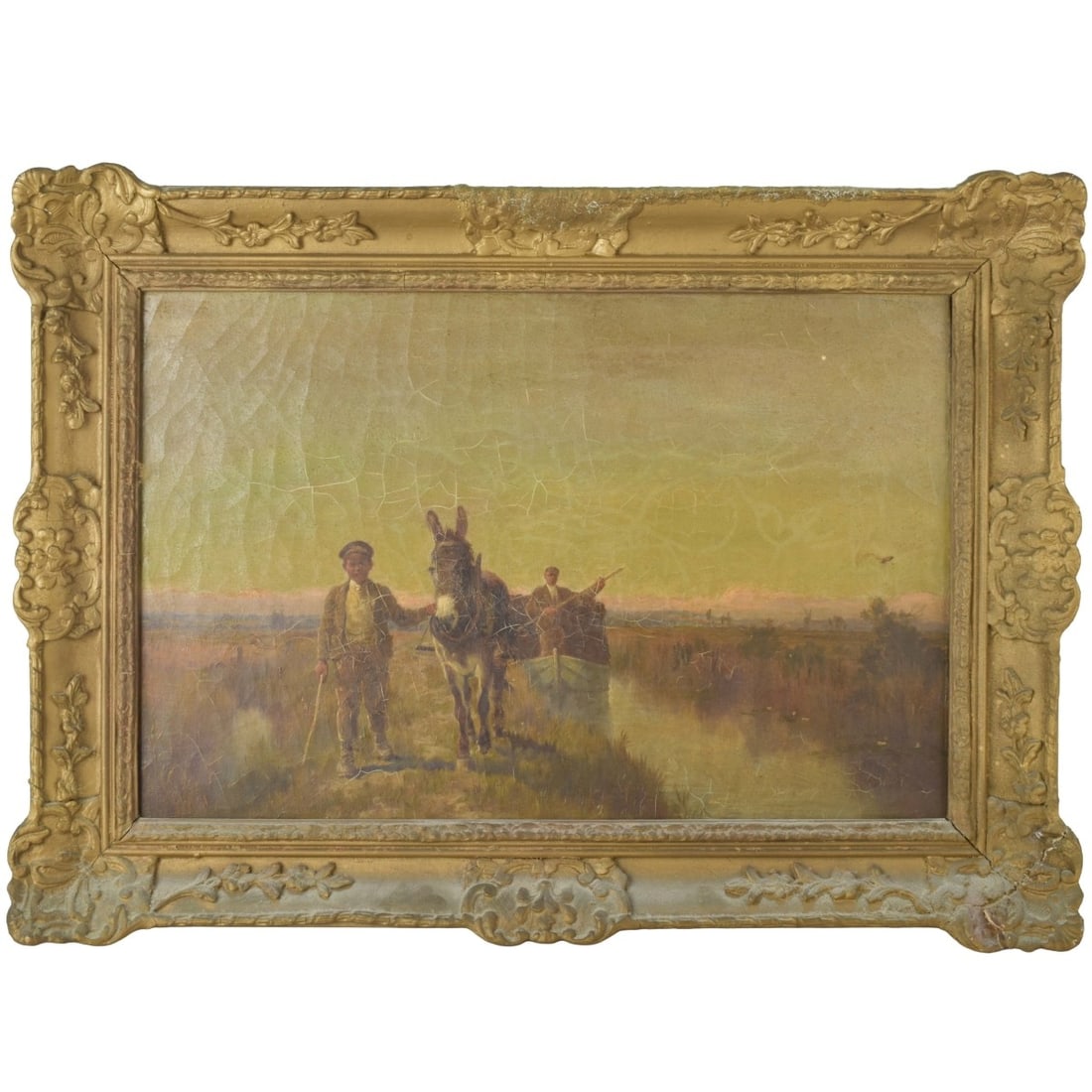 19th Cent. American School O/C: 19th Century American School Oil on Canvas. Depicting a genre scene with a boy leading a donkey pulling a boat and man in the manner of Charles Grant Beauregard (1856-1919). Signed lover right "R.F."