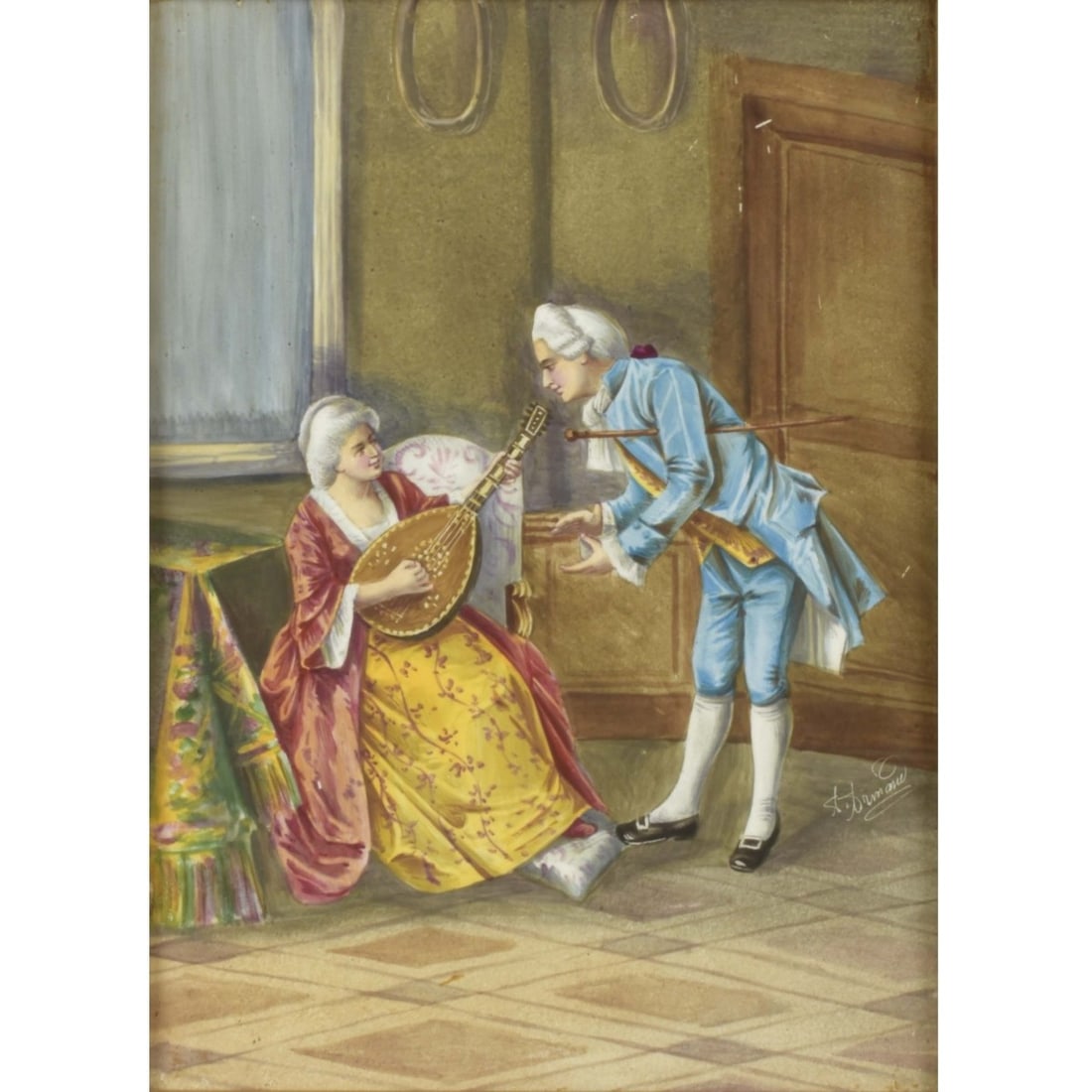 After: Henri Julien Dumon, French (1893-1963): After: Henri Julien Dumon, French (1893-1963) "A Pleasant Serenade" Oil on Porcelain of a Music Lesson with a Rococo-style Interior. Artist signed. Double framed. Image area measures: 9"1/2" high, 6-3