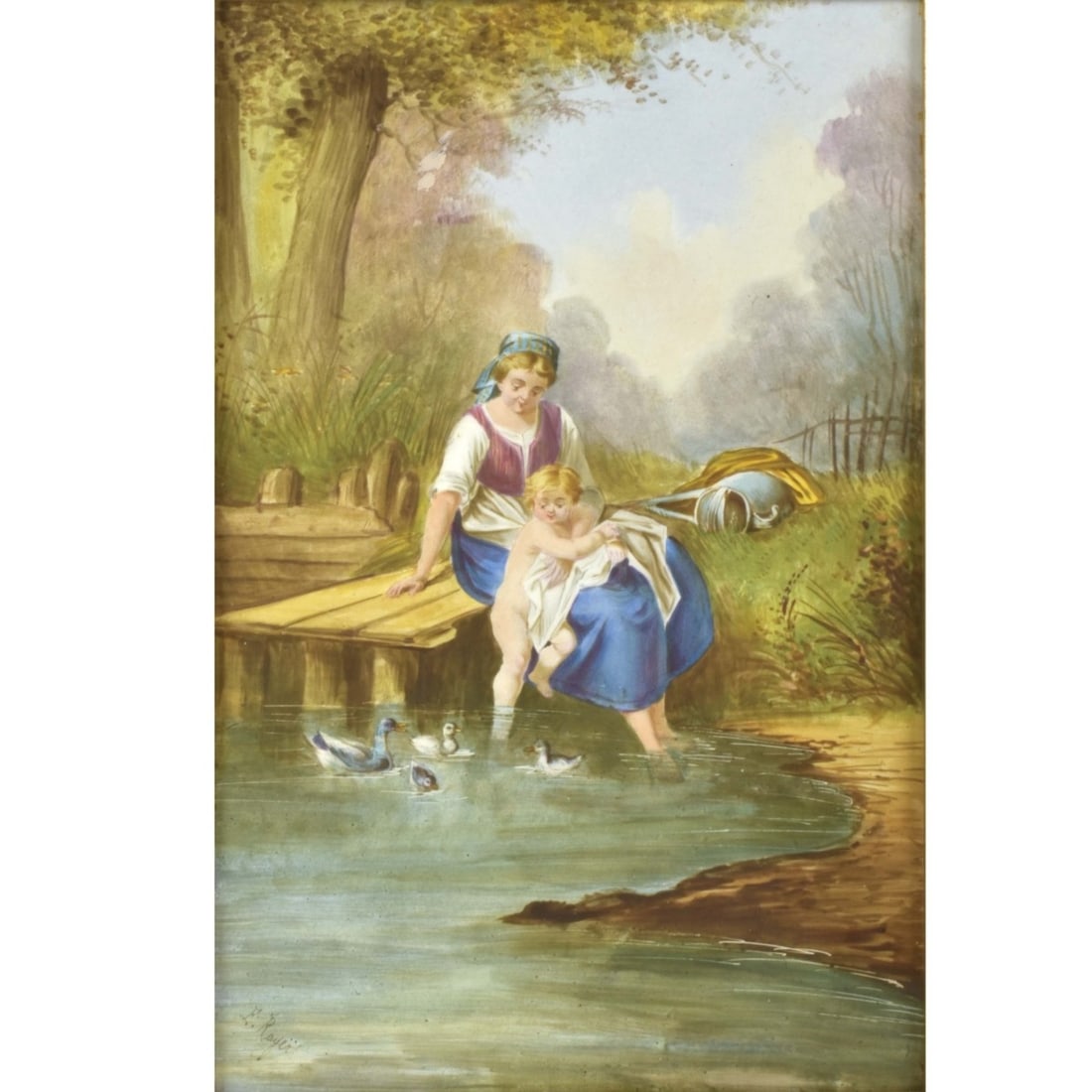 Vintage Oil on Board of a Pastoral Scene: Vintage Oil on Board of a Pastoral Scene with a Woman and Young Child Sitting on a Bench Near a Pond Watching Ducks. Image area measures: 11-1/2" high, 7-1/2" wide, frame measures: 21-3/4" high,