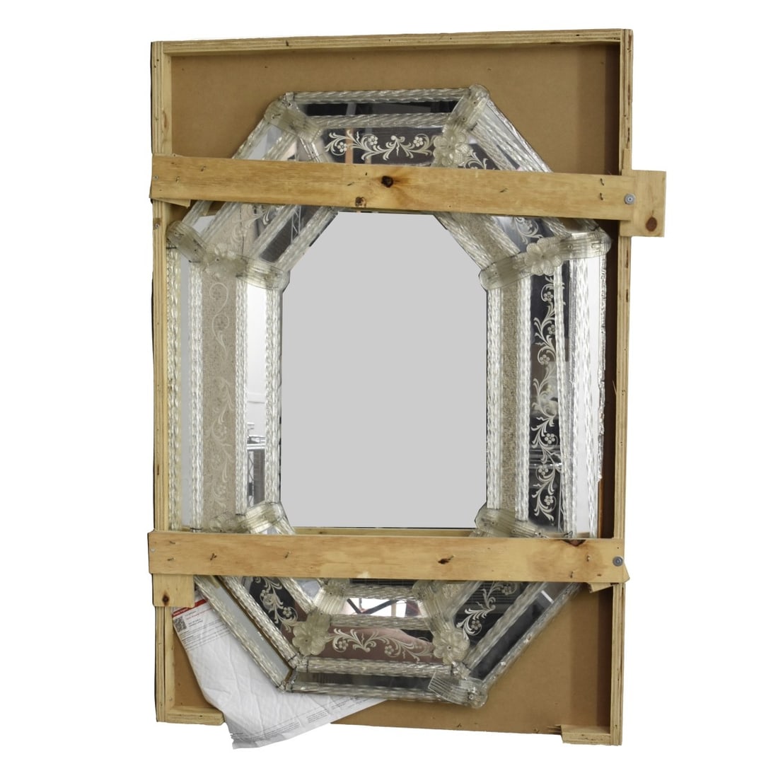 Venetian Glass Mirror: Vintage Venetian Octagonal Shape Etched Glass Mirror with Applied Flowers and Rope Borders. Measures 43" x 31". A great restoration project or to use for parts. Kodner Galleries offers phone and absen