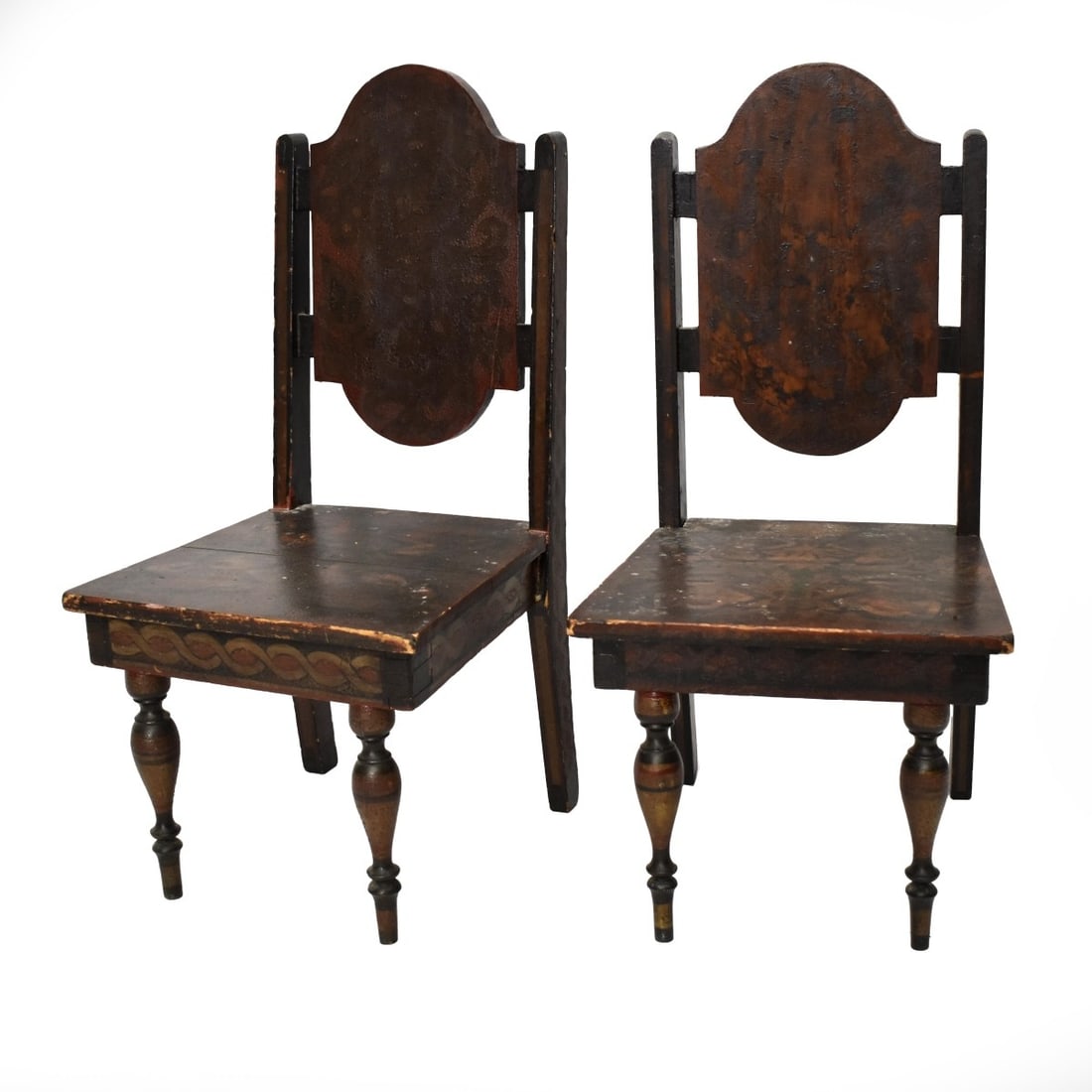 Childs Antique Painted Wood Chairs: Childs Antique Painted Wood Chairs (2). Two matching painted wood chairs. Heavily painted and varnished. Measure: 27"L. x 13"W., D 14".Kodner Galleries offers phone and absentee bidding at a low, flat