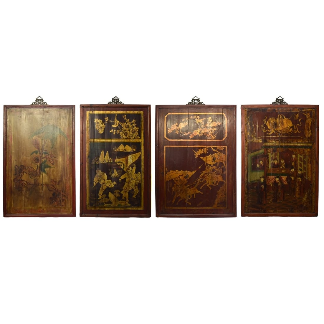 Chinese Hanging Boards: Four (4) Chinese Painted Hanging Wall Art Boards. Overall Measures: 38" H., 26" W. Kodner Galleries offers phone and absentee bidding at a low, flat 21% buyer’s premium without surcharge or hidden f