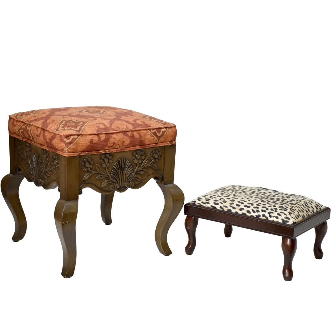 Modern Carved Wood Stools: Two (2) Modern Carved Wood Stools with Upholstered and Cushioned Tops. Largest measures: 19" high, 18" square, smallest measures: 8-1/2" high, 17" wide, 12" deep. Kodner Galleries offers phone and abs