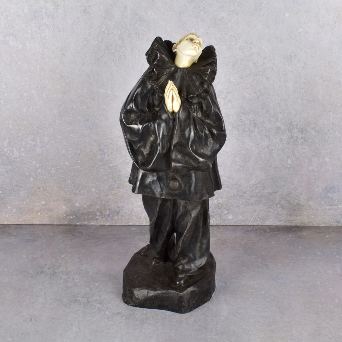 Alliot Lucien, French (1877-1967): Alliot, Lucien, French (1877-1967) Bronze Figurine with an Applied Patina. "La Priere de Pierrot" Measures:13" H. We Will Not Ship This Item Outside of the State of Florida. Anyone Having This Item