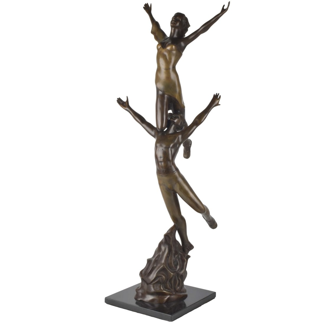 After Nguyen Tuan, Vietnamese/ American (b 1963): After Nguyen Tuan, Vietnamese/ American (b 1963) "Destiny" Bronze Figural Group of Two Dancers Mounted to a Marble Base. Marked "CB #17/500". Sculpture measures: 32-1/2" high, 12" wide, 10-1/2" deep,