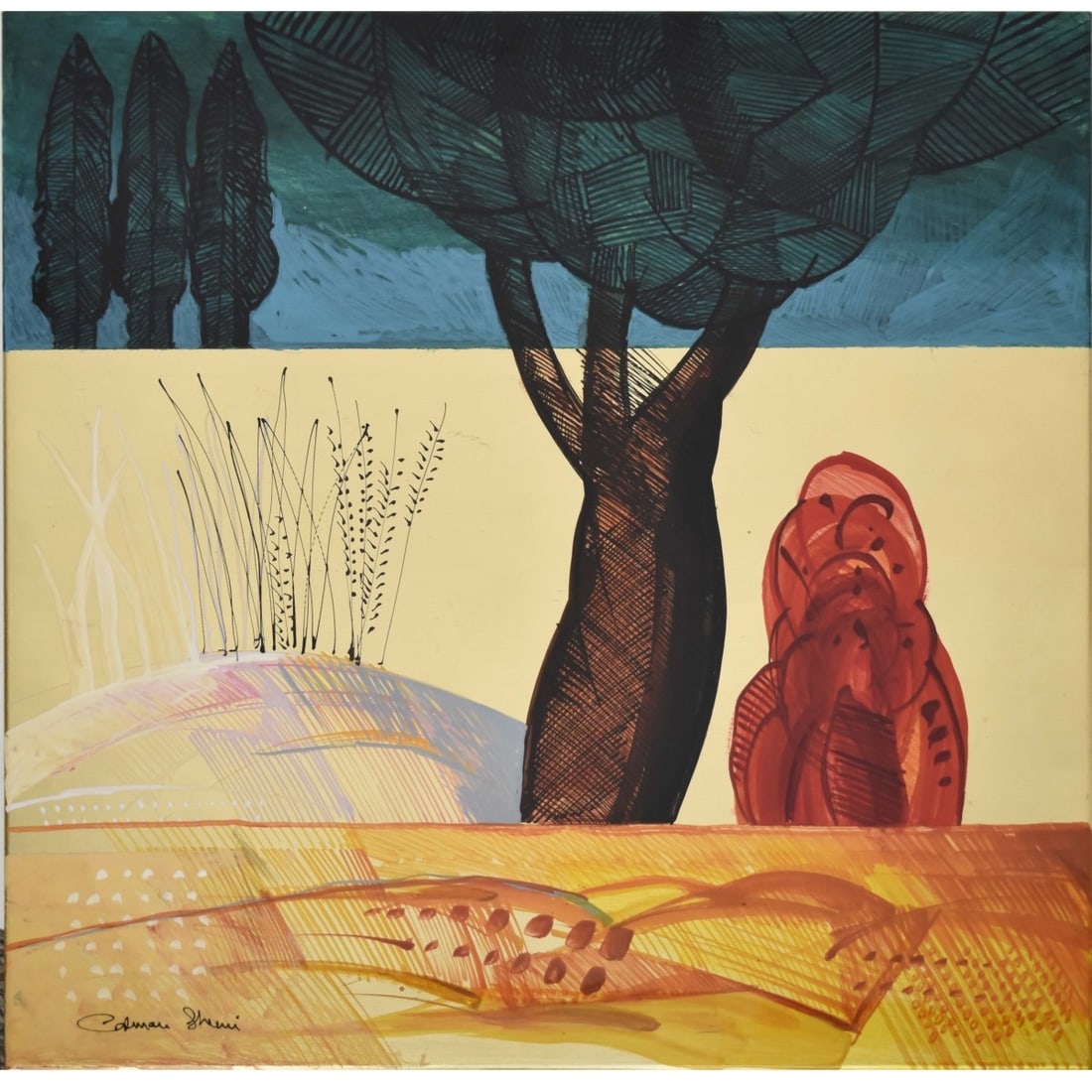 Calman Shemi, Argentine/Israeli (b. 1939): Calman Shemi, Argentine/Israeli (b. 1939) "Tokyo Garden Jerusalem" Acrylic on Aluminum - Lacquer Coated. Signed bottom left hand corner, titled to the back with Wentworth Gallery label to the back.