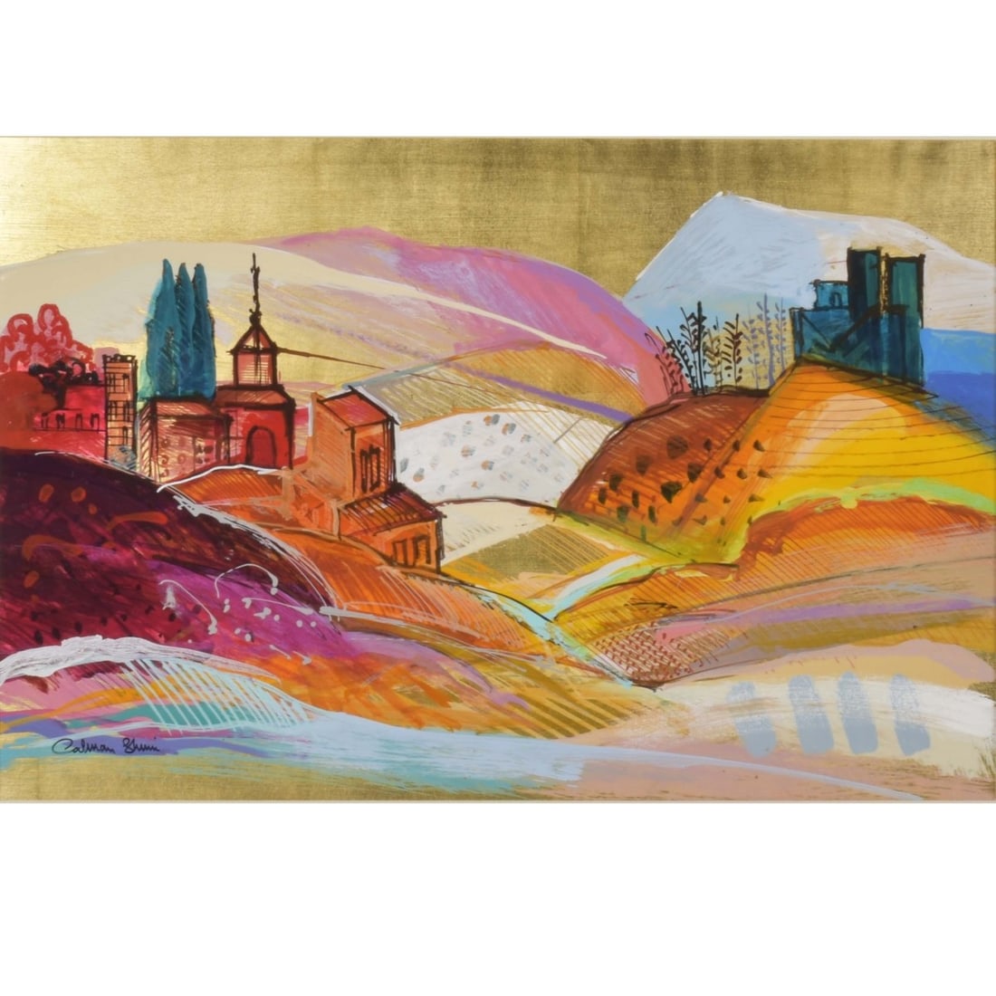 Calman Shemi, Argentine/Israeli (b. 1939): Calman Shemi, Argentine/Israeli (b. 1939) "Red Hills" Paint on Aluminum - Lacquer Coated. Signed bottom left hand corner, titled to the back with Wentworth Gallery label to the back. Framed. Image