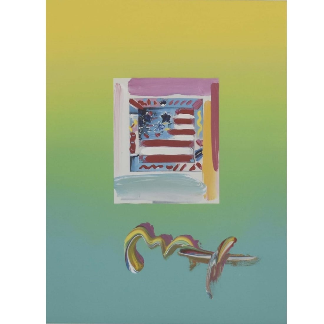 Peter Max, American (b. 1937): Peter Max, American (b. 1937) "Flag with Heart: Version II" Unique Acrylic Mixed Media on Paper. Framed under Plexiglass. Signed bottom center. Wentworth Gallery label to the back. Viewing area measur