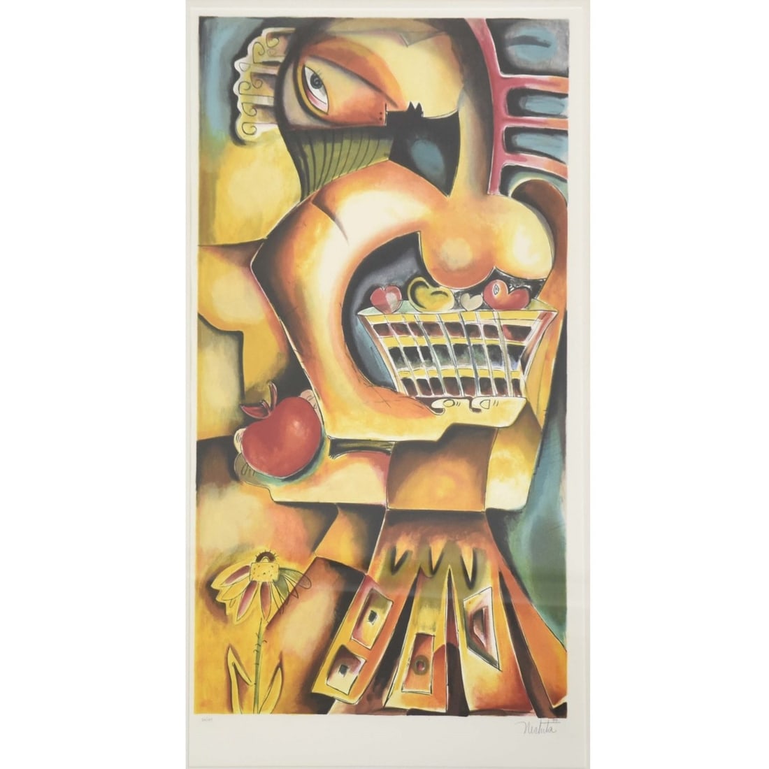 Alexandra Nechita, Romanian/American, (b. 1985): Alexandra Nechita, Romanian/American, (b. 1985) "Orange Apple,1999" Color Lithograph on Paper. Framed and matted beneath glass. Signed, dated and numbered in pencil with Moulot Paris embossed seal.