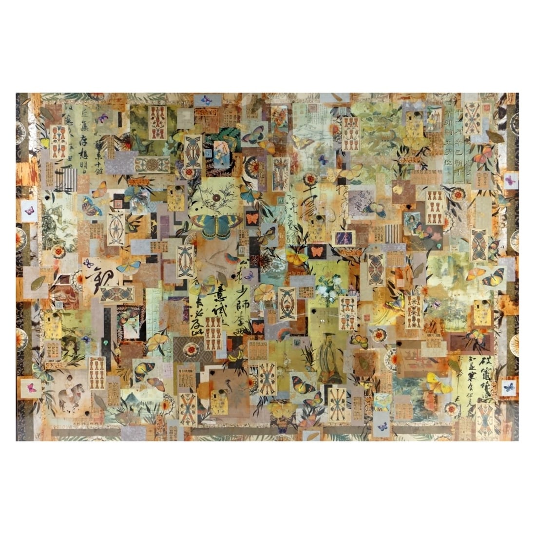 Manr: Hao Hong (Born 1965) Butterflies and Stamps: In the Manner of Hao Hong, Chinese (Born 1965) Mixed Media Collage "Butterflies and Stamps" Unsigned. Bar code labels attached en verso. Sight measures 44-1/2" x 59-1/2". Frame measures 56-3/4" x 71-3